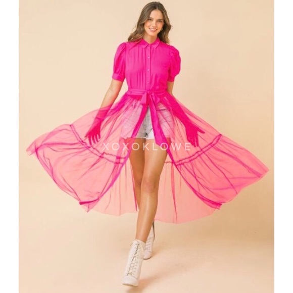 1 LEFT Barbie Pink Fuchsia Shirt Dress Tulle Skirt Coverup - Picture 1 of 10